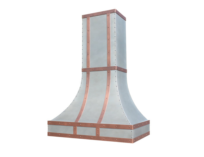 Decorative wall-mounted hood with copper accents on a white background