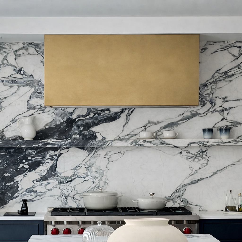 modern kitchen featuring brass box range hood and custom marble backsplash