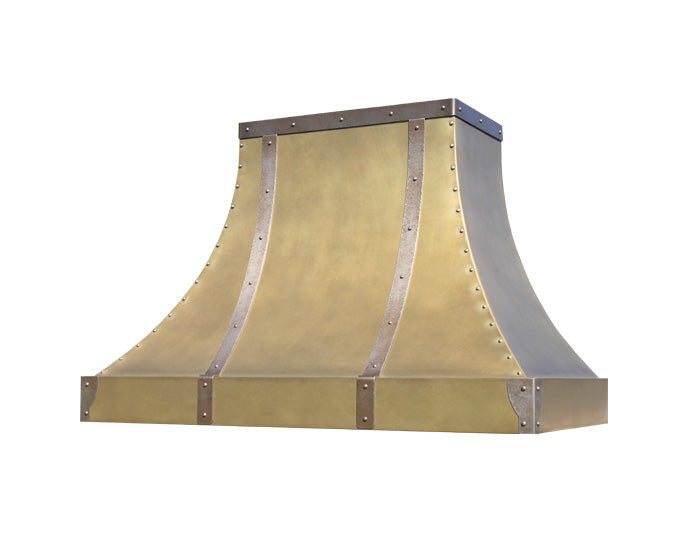 antique bronze range hood with rustic steel details