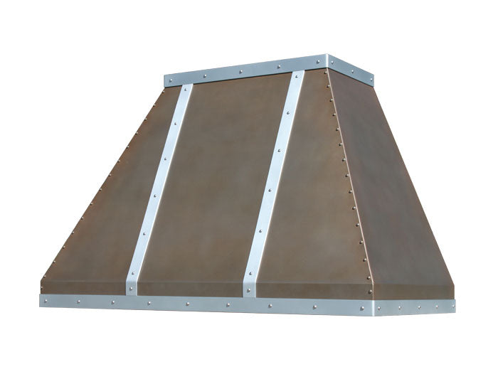 antique angled vent hood with zinc straps