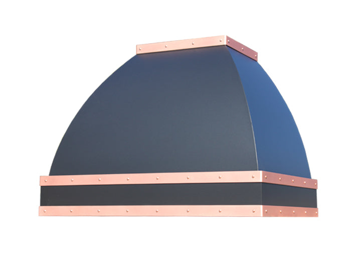 black modern range hood with copper trim