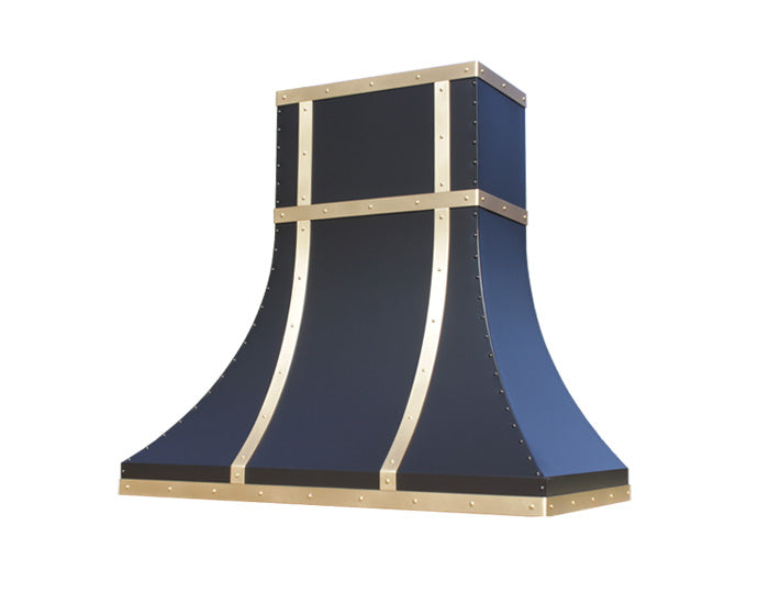 black transitional range hood with brass trim on white background