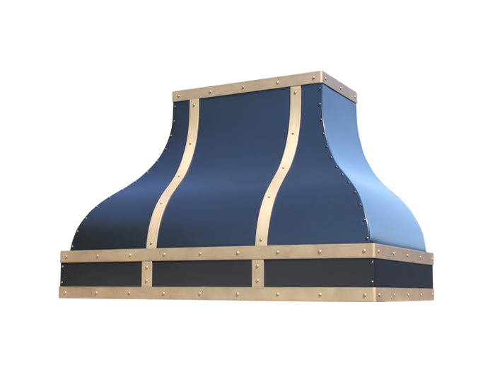 black range hood ventilation with brass accents
