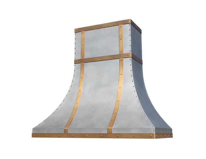 zinc and brass range hood design for transitional kitchen