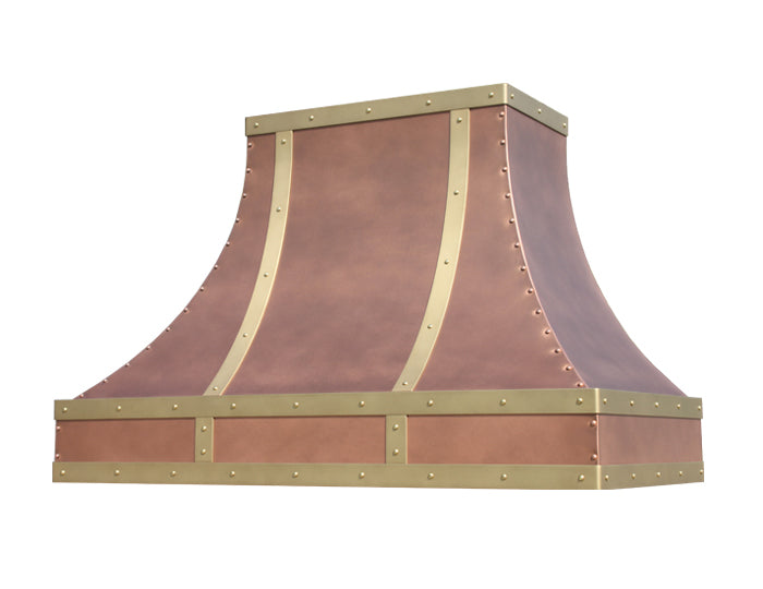 traditional copper range hood with brass strapping and rivets