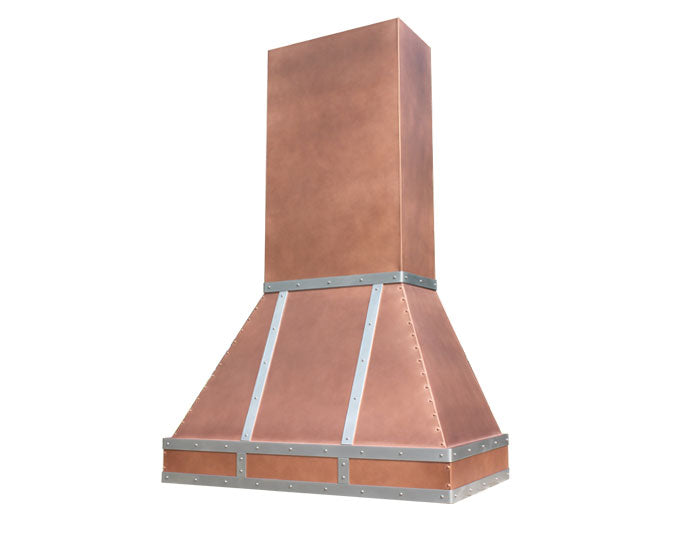 angled vent hood in copper with stainless steel