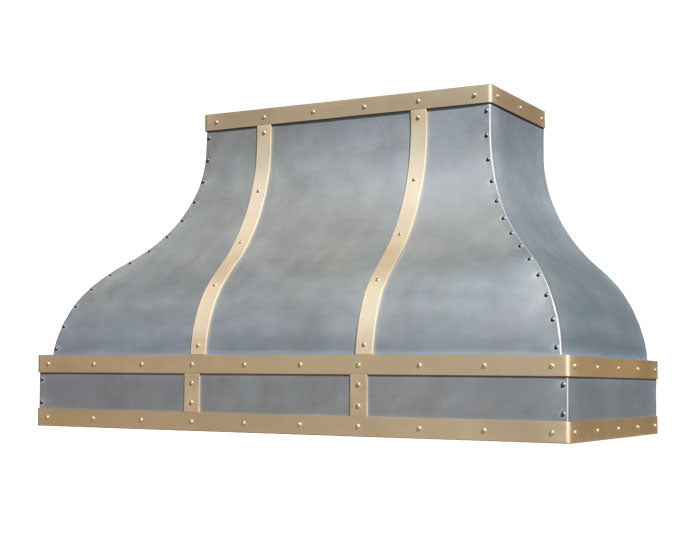 zinc vent hood with brass accents for kitchen installation