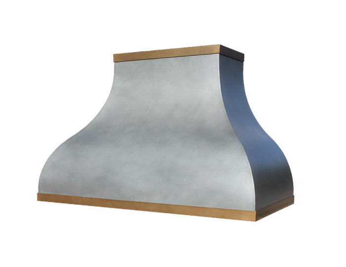 curved zinc range hood with simple straps in brass