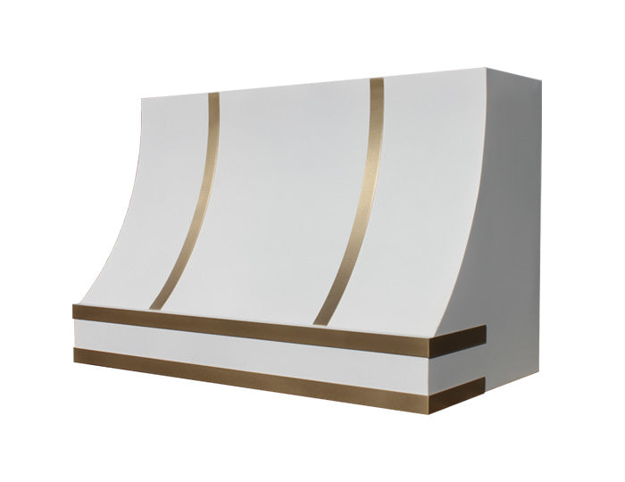 white modern vent hood with brass straps