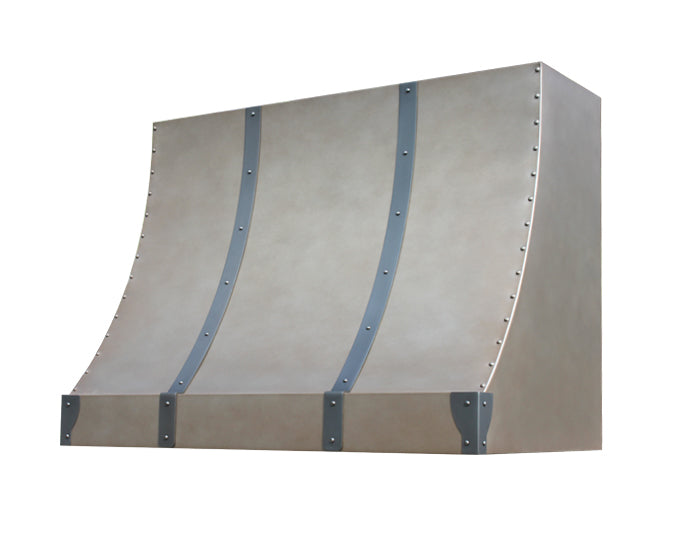 steel range hood with black trim and corner plates