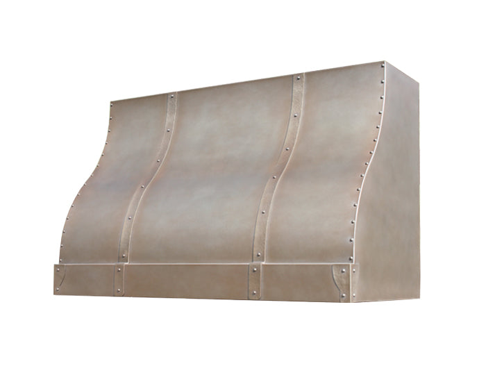 worn steel vent hood with hammered trim