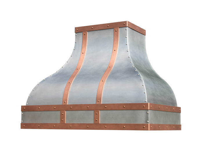 stainless steel vent hood with copper accents