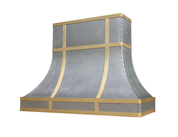 decorative stainless steel range hood with brass trim and rivets