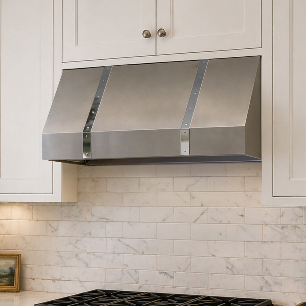 under cabinet range hood with polished straps