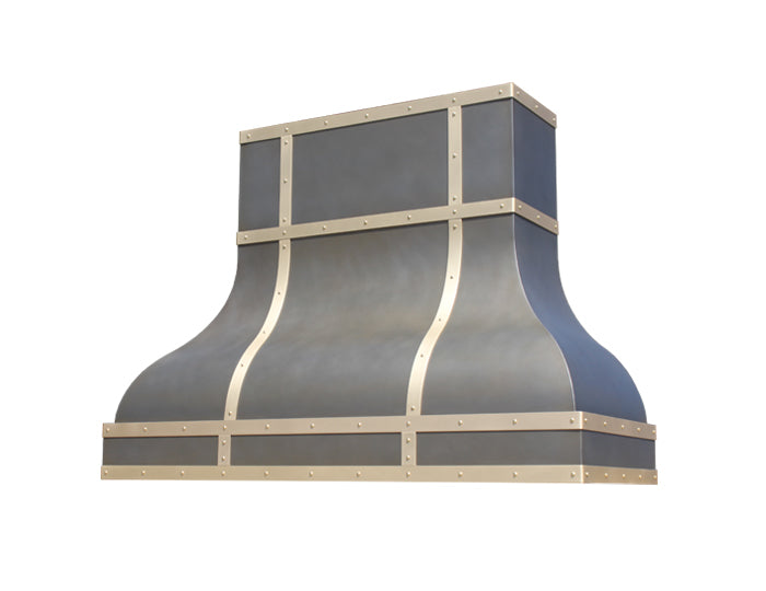 decorative range hood in steel with brass accents
