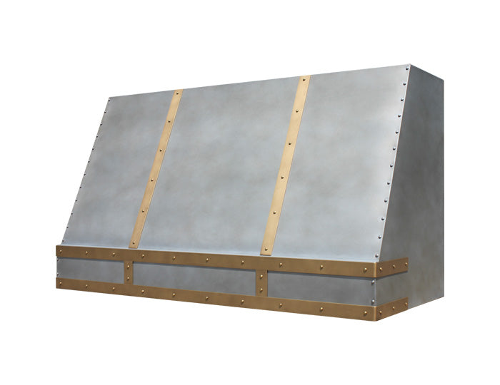 zinc vent hood with brass accents for traditional kitchen