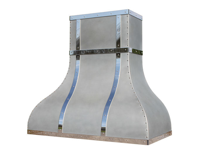 polished mirror straps on decorative range hood with a white background